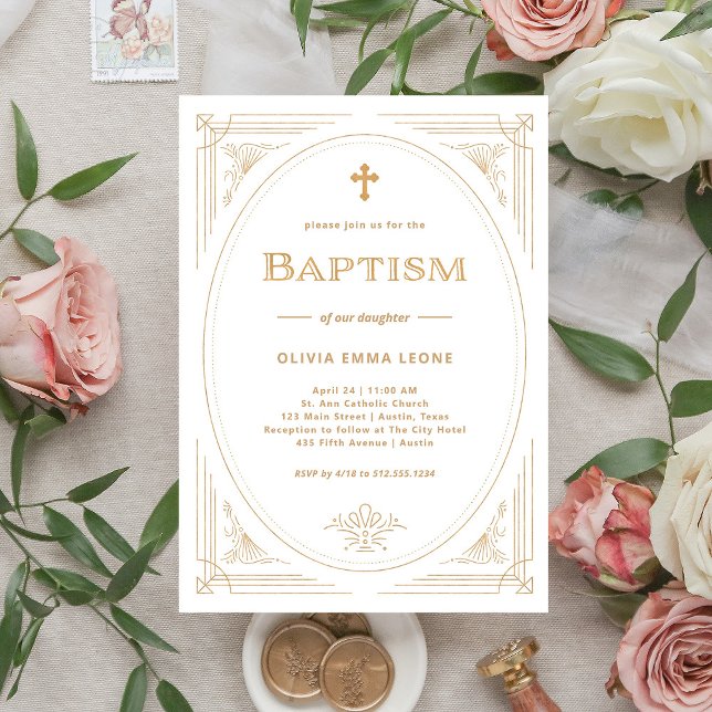 Modern Deco | Faux Gold and White Baptism Invitation (Creator Uploaded)
