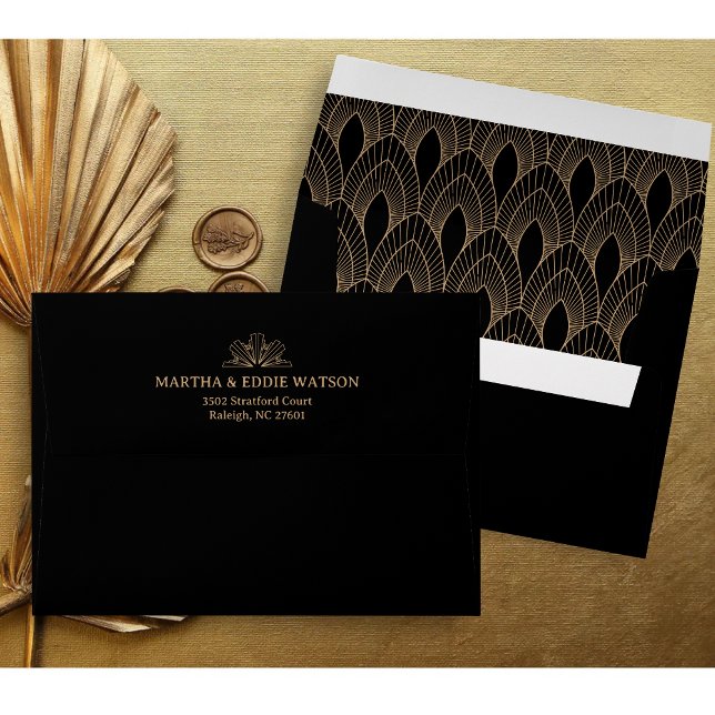 Modern Deco | Faux Gold Look and Black Wedding Envelope (Modern deco black and faux gold envelope adds a luxurious touch to your wedding invitations)