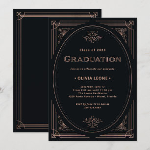 Modern Deco   Faux Rose Gold and Black Graduation Invitation
