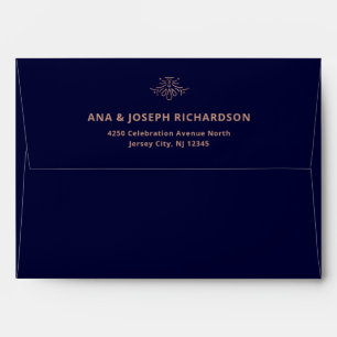 Modern Deco   Faux Rose Gold and Dark Blue Wedding Envelope