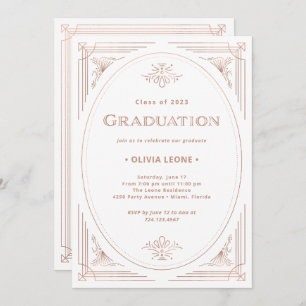 Modern Deco Faux Rose Gold and White Graduation Invitation
