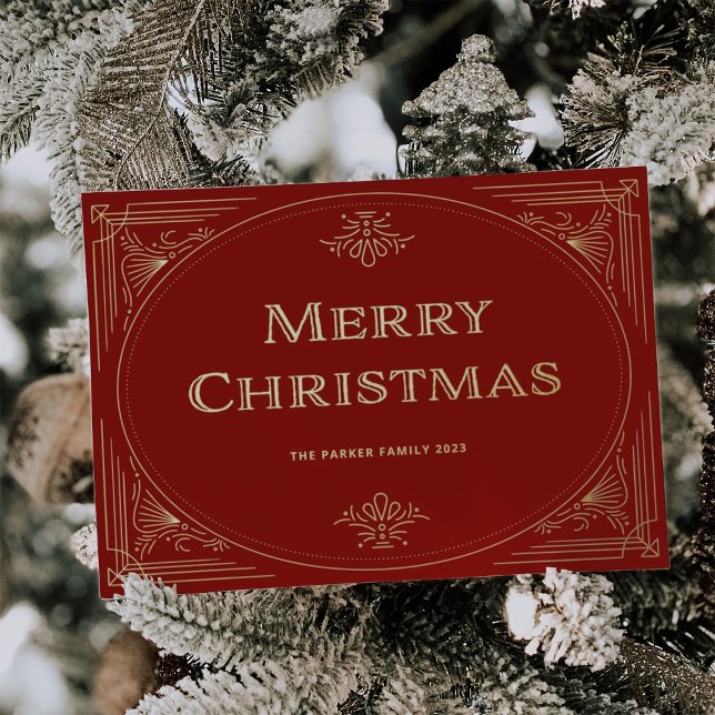 Modern Deco | Festive Red and Photo Christmas Foil Holiday Card (An elegant, art deco style Christmas card in stunning gold foil, on a festive red background)