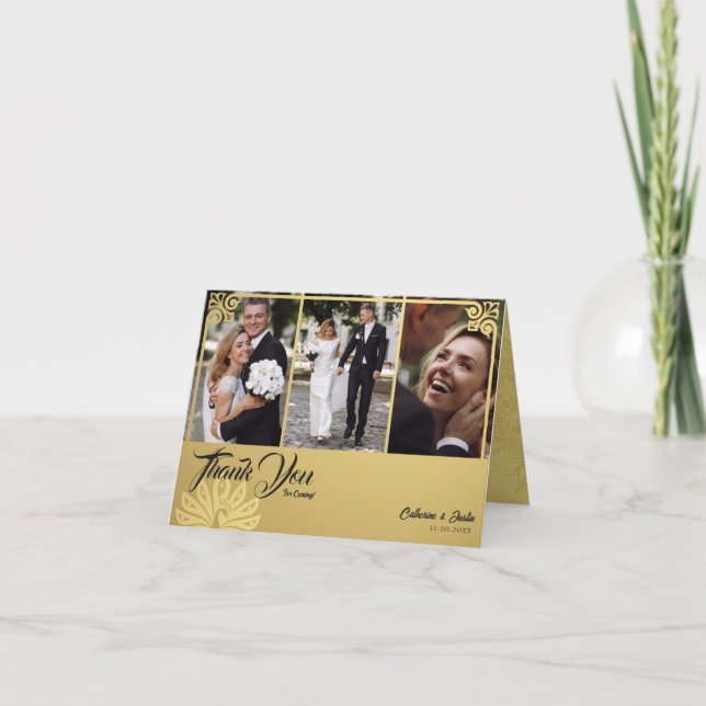 Modern Deco Gold Peacock 3 Photo Wedding Folded Thank You Card (Front)