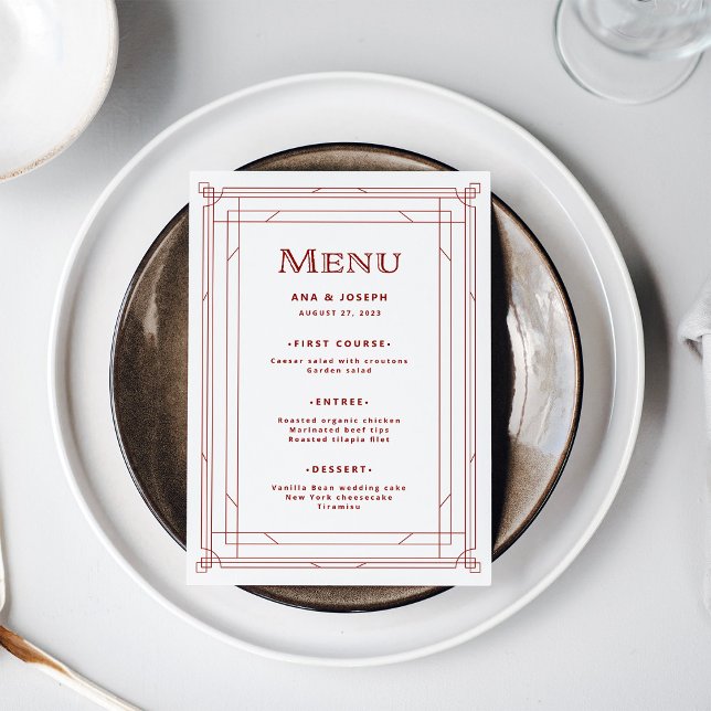 Modern Deco | Light Silver White with Red Wedding Menu (A festive, light silver white menu with red accents for your elegant holiday wedding)