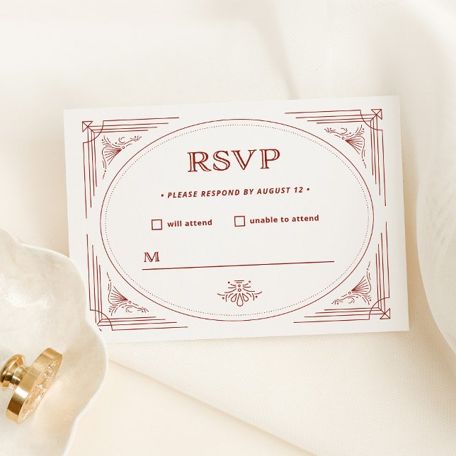 Modern Deco | Light Silver White with Red Wedding RSVP Card (An elegant very light silver / white rsvp card with festive red accents for a Christmas wedding)