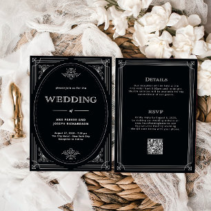 Modern Deco Onyx Black All in One QR Code Wedding Invitation