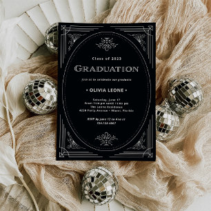 Modern Deco   Onyx Black and White Graduation  Invitation