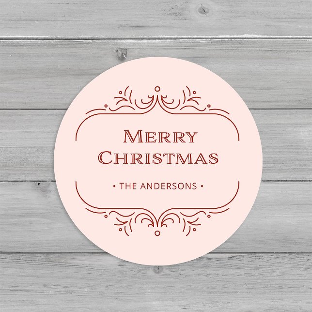 Modern Deco | Pink and Red Merry Christmas Classic Round Sticker (An elegant, blush pink and red art deco style Christmas sticker)