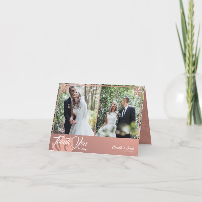 Modern Deco Pink Swan 2 Photo Wedding Folded Thank You Card (Front)