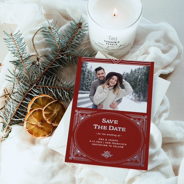 Modern Deco | Red Holiday Photo Save the Date (An elegant, art deco save the date in silver foil and festive red, perfect for your holiday wedding)