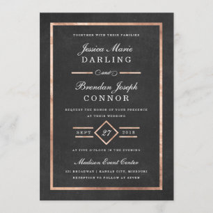 Modern Deco Rose Gold & Black Wedding Invitation