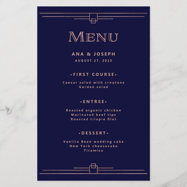 Modern Deco | Rose Gold on Navy Blue Wedding Menu (Front)