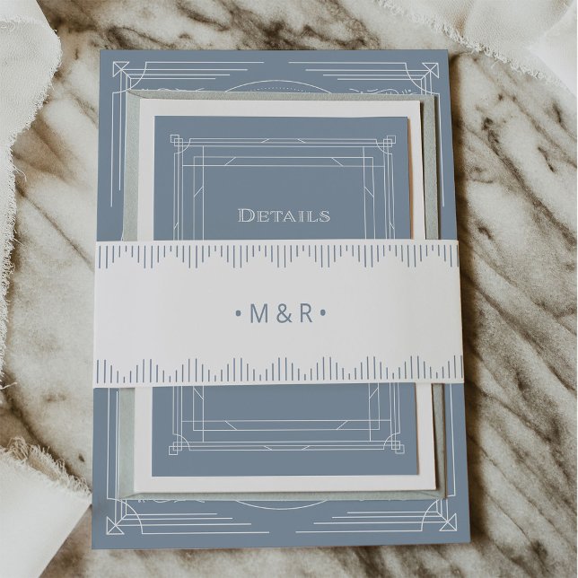 Modern Deco | White and Dusty Blue Monograms Invitation Belly Band (Creator Uploaded)