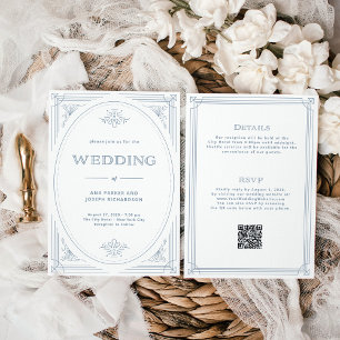 Modern Deco White   Dusty Blue All in One Wedding Invitation