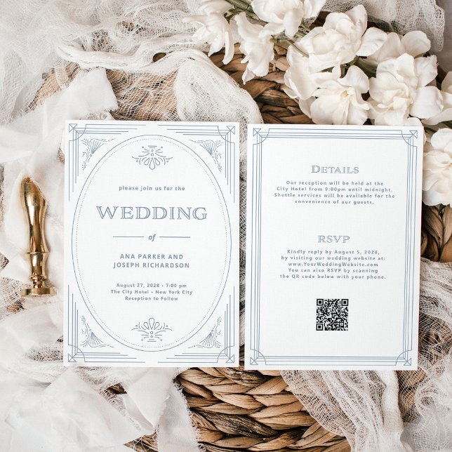 Modern Deco White | Dusty Blue All in One Wedding Invitation (Creator Uploaded)