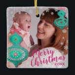 Modern Decorative Baubles Christmas Photo Ceramic Ornament<br><div class="desc">Elegant photo ornament with silver decorative baubles design. Custom with names on reverse.</div>