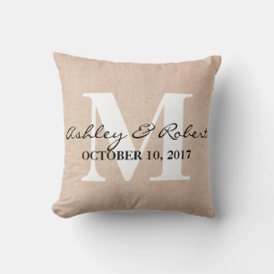 Modern Decorative Burlap White Monogram Wedding Cushion