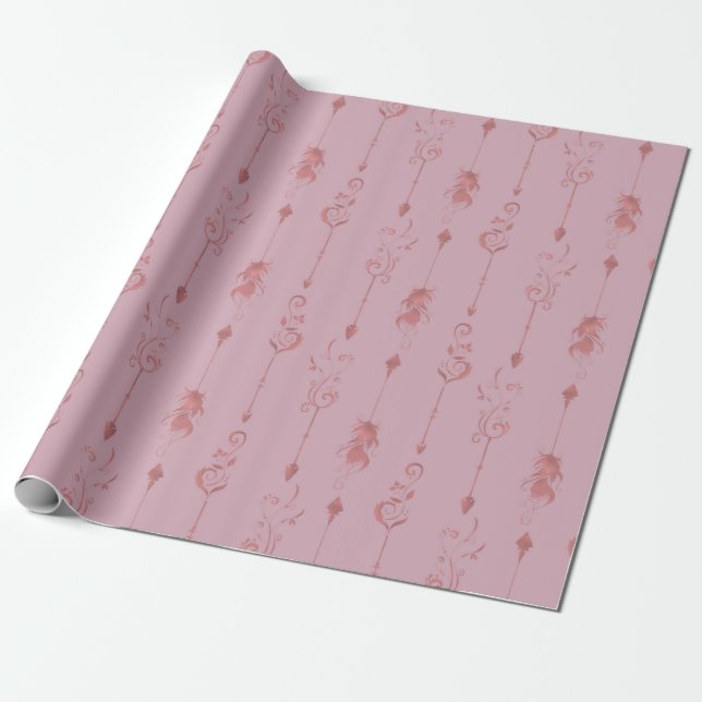 Modern Decorative Pink Tribal Feathers Birthday Wrapping Paper (Unrolled)