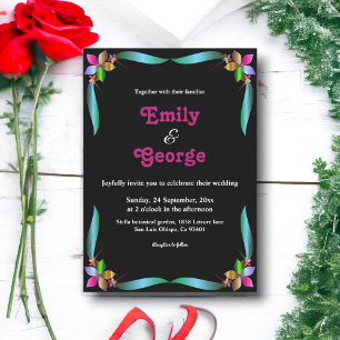 Modern Decorative Shiny Black Chic Floral Wedding Invitation