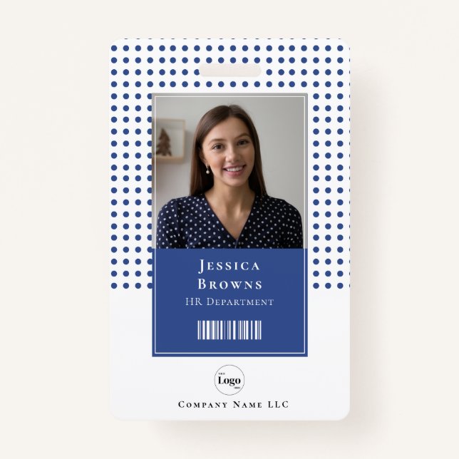 Modern Deep Blue Student Employee Photo QR Barcode ID Badge (Front)