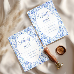 Modern Deep Blue Toile Roses Custom Wedding RSVP Card