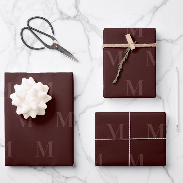 Modern Deep Burgundy Minimalist Monogram Wrapping Paper Sheet (Front)