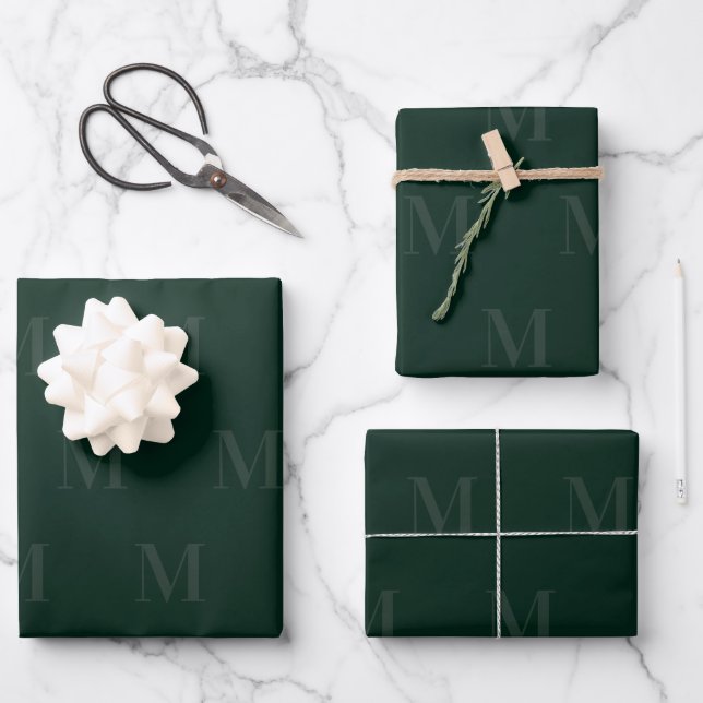 Modern Deep Forest Green Minimalist Monogram Wrapping Paper Sheet (Front)