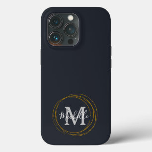 Modern Deep Grey/Black & Gold Monogram  iPhone 13 Pro Case