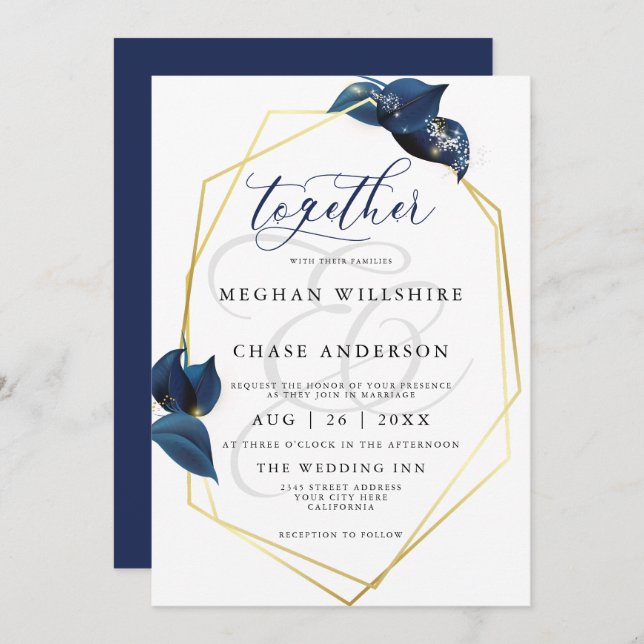 Modern Deep Indigo Blue and Gold Frame Invitation (Front/Back)