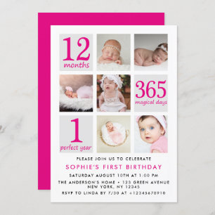 Modern Deep Pink Photo Collage First Birthday Invitation
