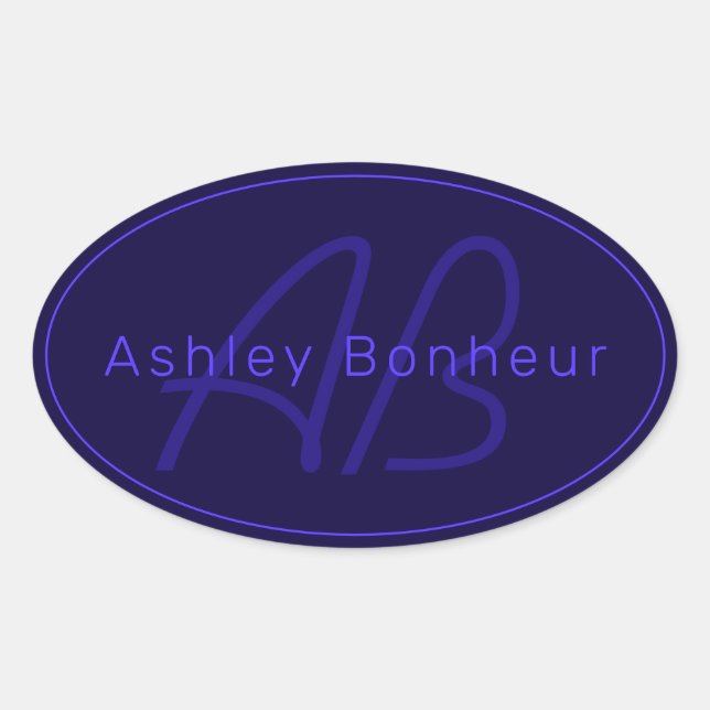 Modern Deep Purple Colours | Cool Name & Monogram Oval Sticker (Front)