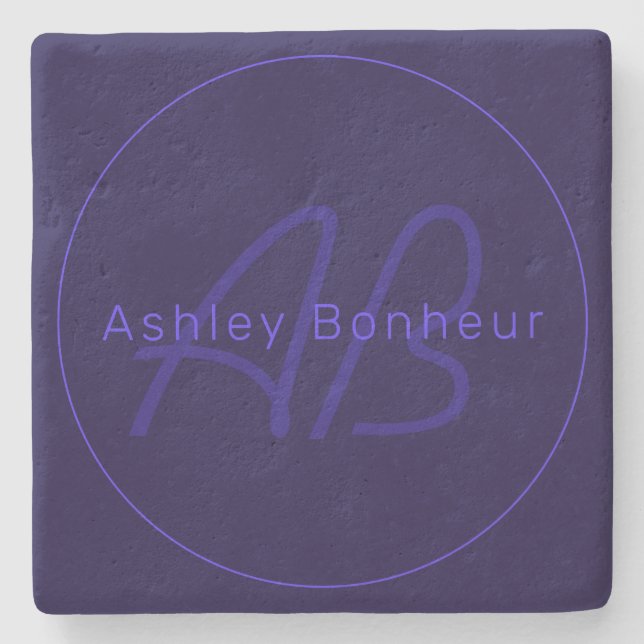 Modern Deep Purple Colours | Cool Name & Monogram Stone Coaster (Front)