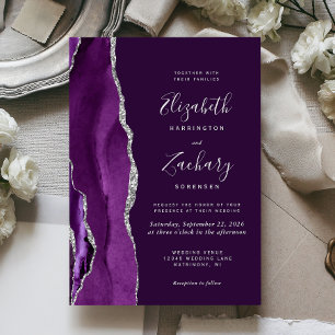 Modern Deep Purple Silver Agate Wedding Invitation