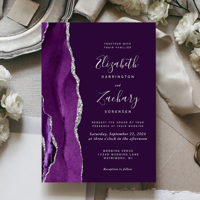 Modern Deep Purple Silver Agate Wedding Invitation (Creator Uploaded)