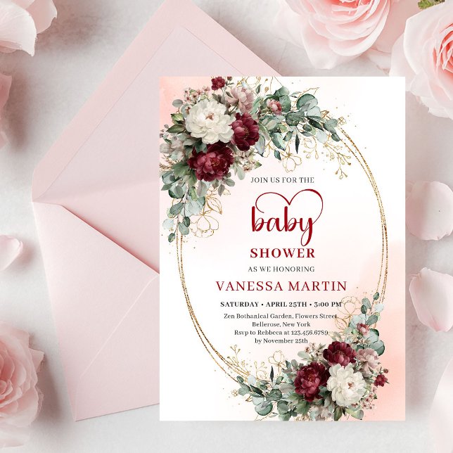 Modern Deep Red Floral Gold Baby Shower Invite (Modern Deep Red Floral Gold Baby Shower Invite

)