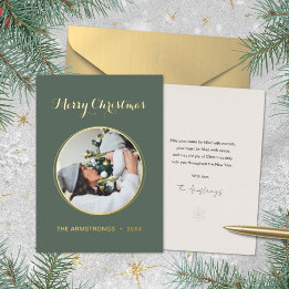 Modern Deep Sage Circle Frame Photo Christmas Foil Holiday Card