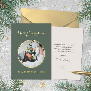 Modern Deep Sage Circle Frame Photo Christmas Foil Holiday Card