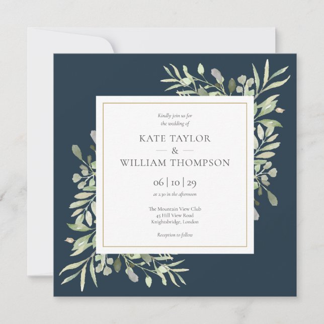 Modern Deep Sea Blue Greenery Wedding Invitation (Front)
