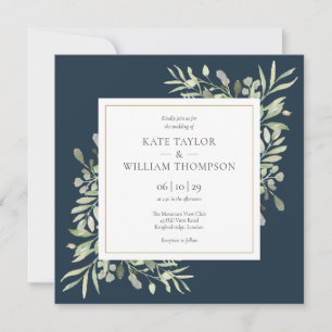 Modern Deep Sea Blue Greenery Wedding Invitation