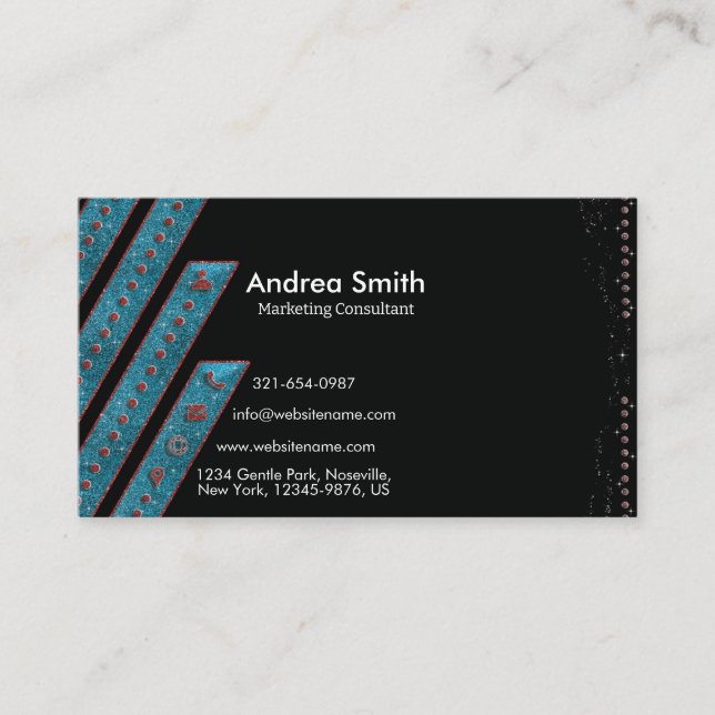 Modern Deep Teal Red Shiny Metallic Glitters Cute Business Card (Front)