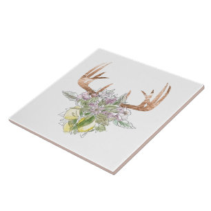 Modern Deer Skull And Floral Pastel Colours Ceramic Tile