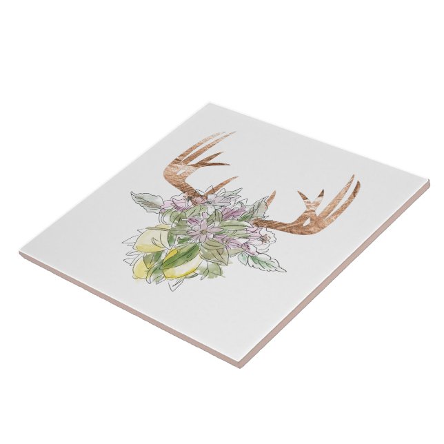 Modern Deer Skull And Floral Pastel Colours Ceramic Tile (Side)