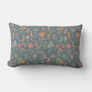 Modern Denim Blue & Coral Floral Lumbar Cushion