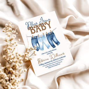 Modern Denim Clothesline Boy Blue Jean Baby Shower Invitation