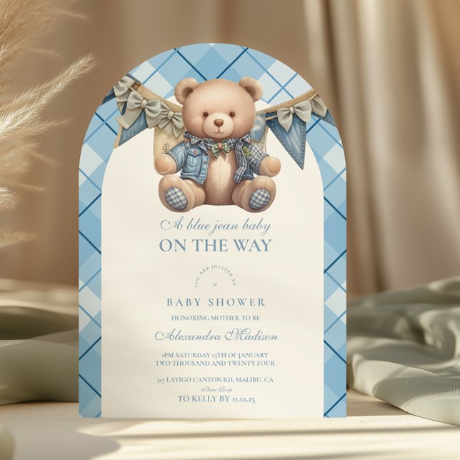 Modern Denim Teddy Bear Baby Shower Invitation (Creator Uploaded)
