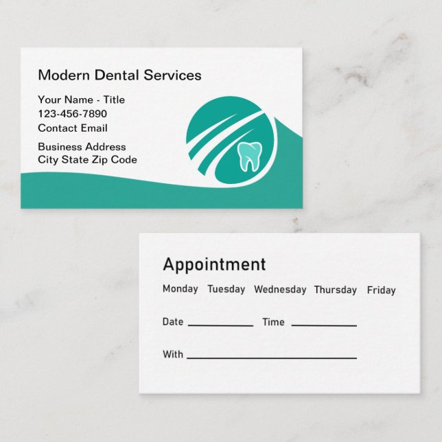 Modern Dentist Office Teal Appointment Cards (Front/Back)