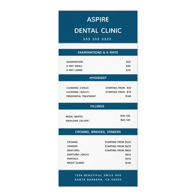 Modern Dentist Orthodontist Price list Blue Rack Card (Front)