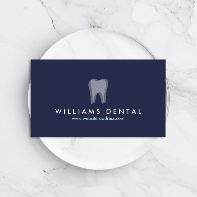 Modern Dentist Tooth Logo on Navy Blue Business Card (Creator Uploaded)