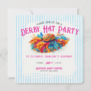 Modern Derby Hat Watercolor Striped Birthday Party Invitation
