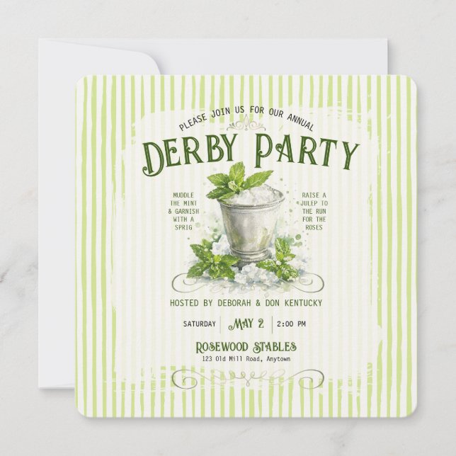 Modern Derby Party Watercolor Mint Julep Elegant Invitation (Front)